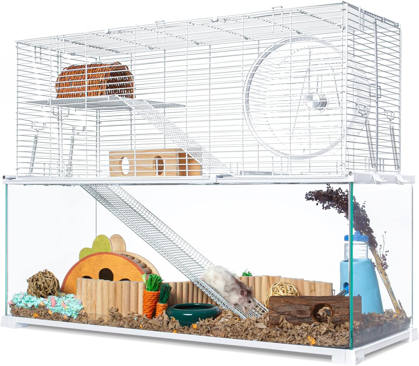 3 Tiers Large Hamster Cages, Glass Hamster Cage Habitat with Openable Wire Topper, Gerbil Cage with Two Ladders Ramps and Removeable Waterproof PVC Tray, Easy to Clean