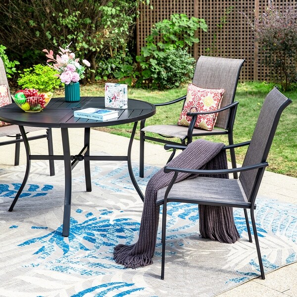 MAISON ARTS 5/7Piece Patio Dining Set,Round Metal Table and 4/6 Textilene Fabric Padded Armchairs