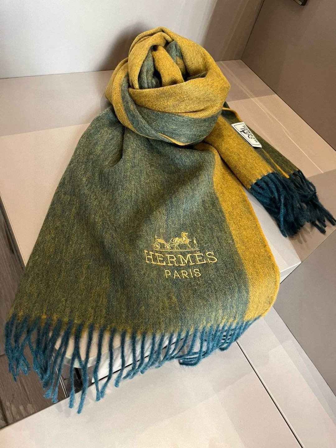 Hermes Cashmere Scarf Colorblock Yellow Green For Women 180cm