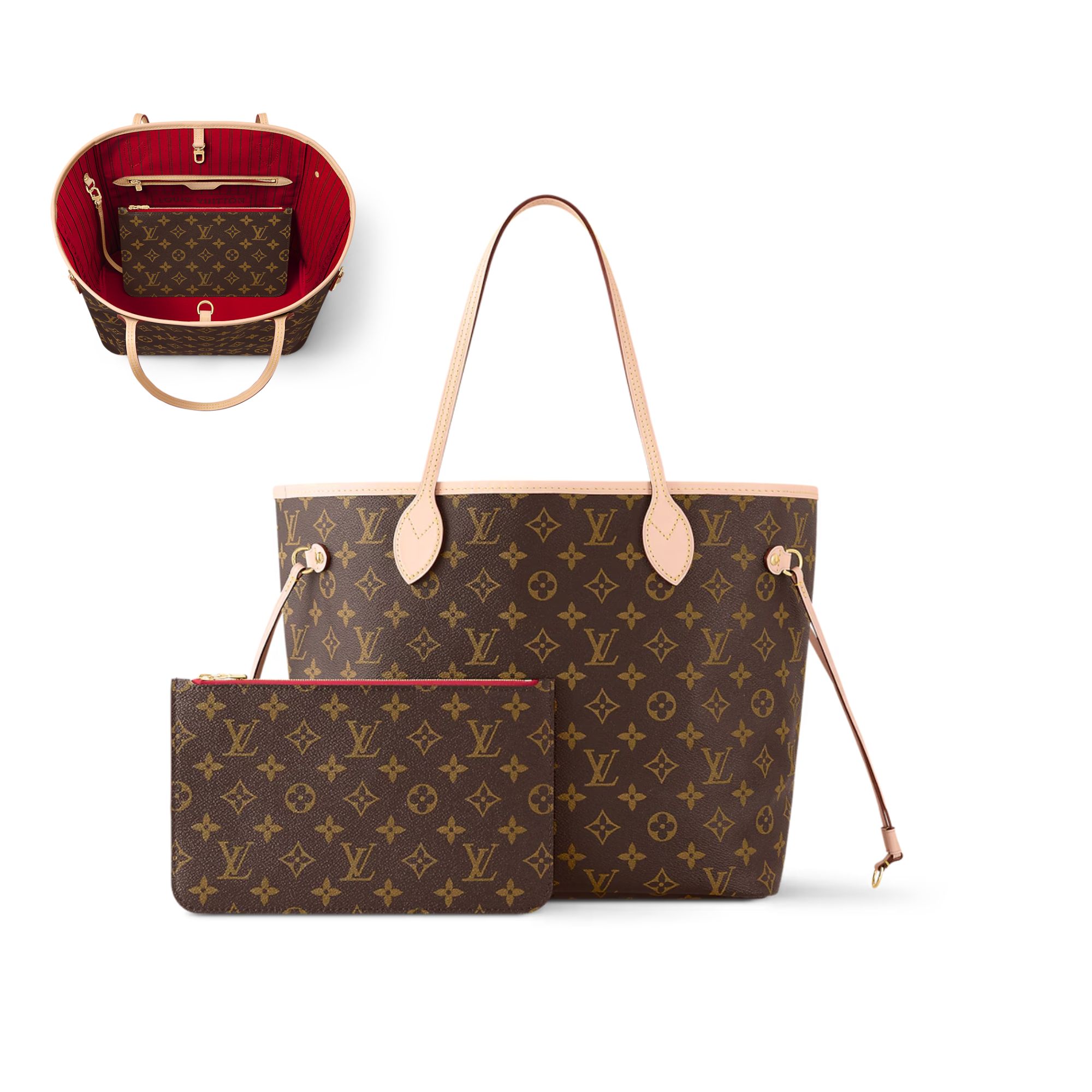 Louis Vuitton Neverfull MM Monogram Canvas Tote Bag Cerise Red 31cm M46987
