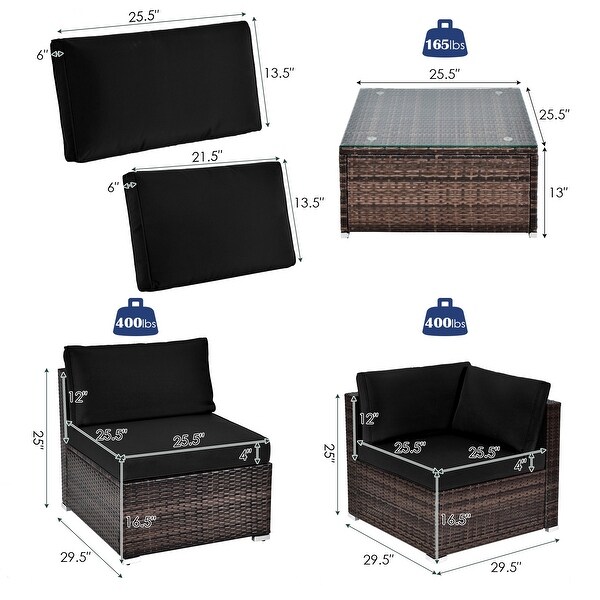 6 Pieces Patio Rattan Furniture Set with Cushions and Glass Coffee Table