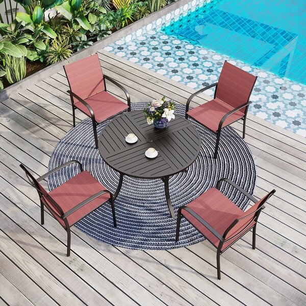 MAISON ARTS 5Piece Patio Dining Set,Geometrically Stamped Round Table and 4 Textilene Dining Chairs