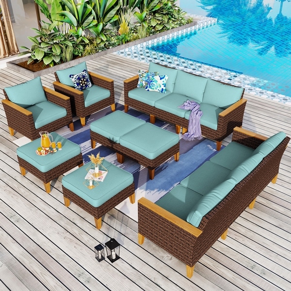 9Piece Outdoor Wicker Sectional Sofa Patio Furniture Luxury Conversation Set,Beige Cushion
