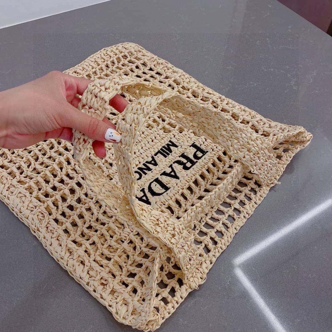 Prada Natural Crochet Logo Tote Bag Beach Bag 38 cm
