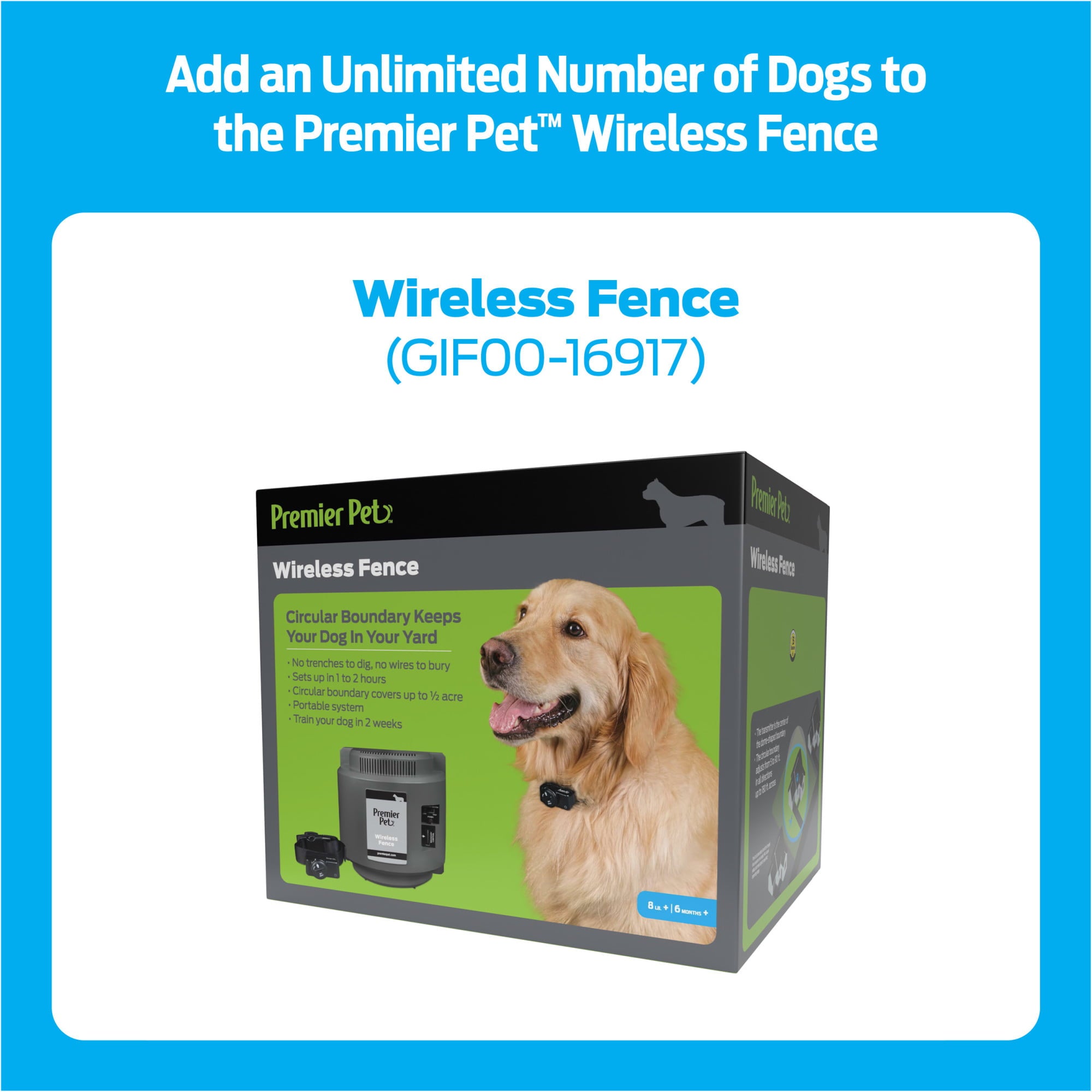 Premier Pet Wireless Add-A-Dog: Adds Unlimited Dogs to Premier Pet Wireless Fence, Additional or Replacement Collar, Adjustable, Waterproof, Tone and Static Correction, Low Battery Indicator