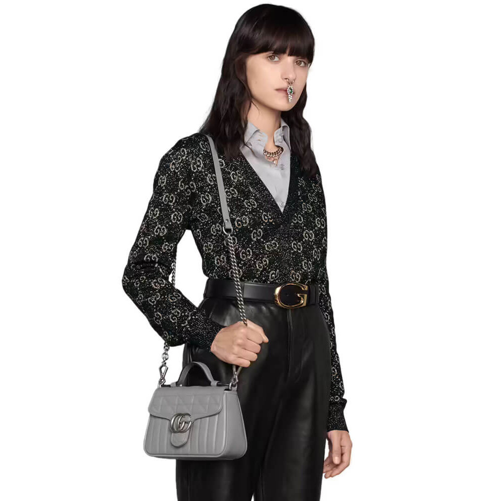 Gucci GG Marmont Grey Matelasse Leather Mini Top Handle Bag