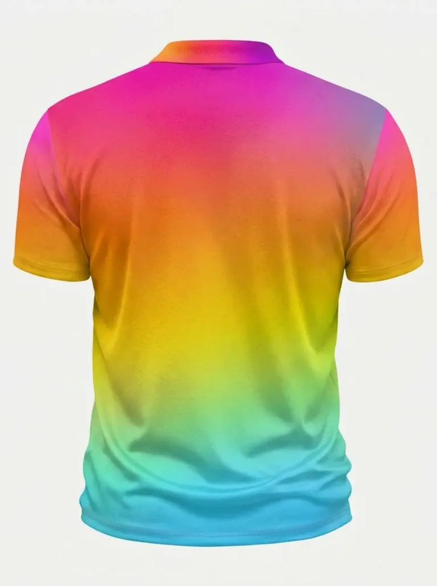 Moisture Wicking Golf Polo 3D Rainbow Ombre Gradient Button Short Sleeve Golf Polo Shirt