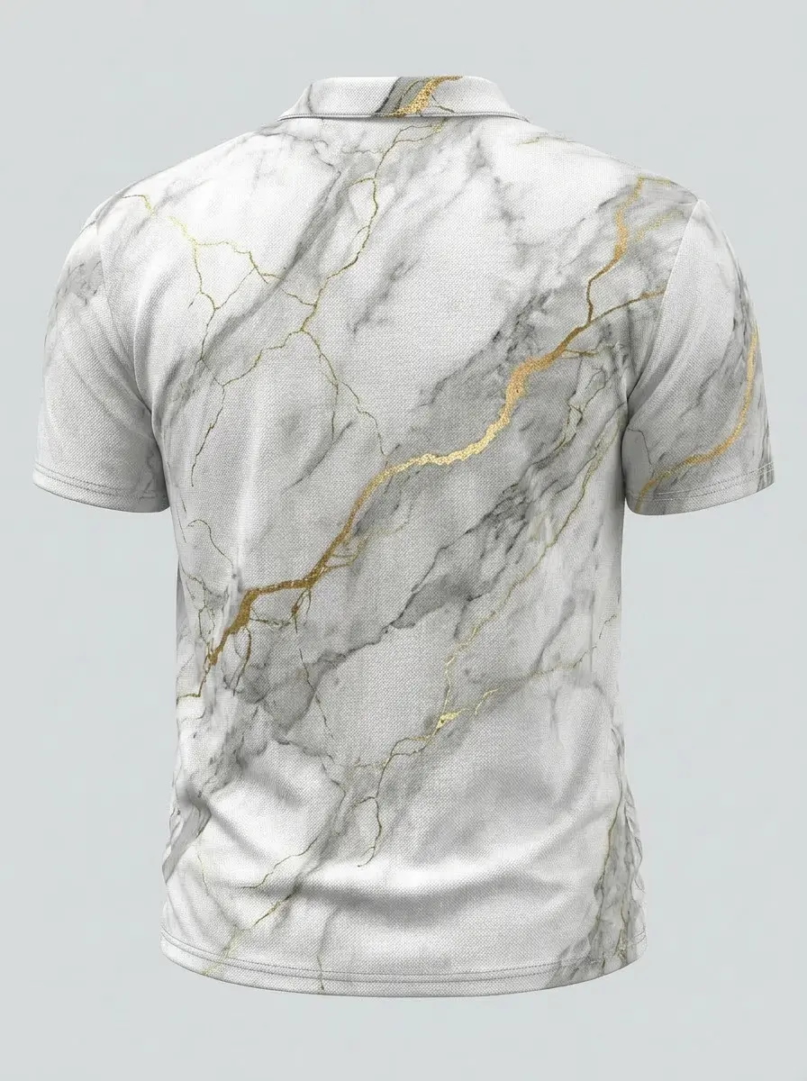 Moisture Wicking Golf Polo 3D White Gold Marble Button Short Sleeve Golf Polo Shirt