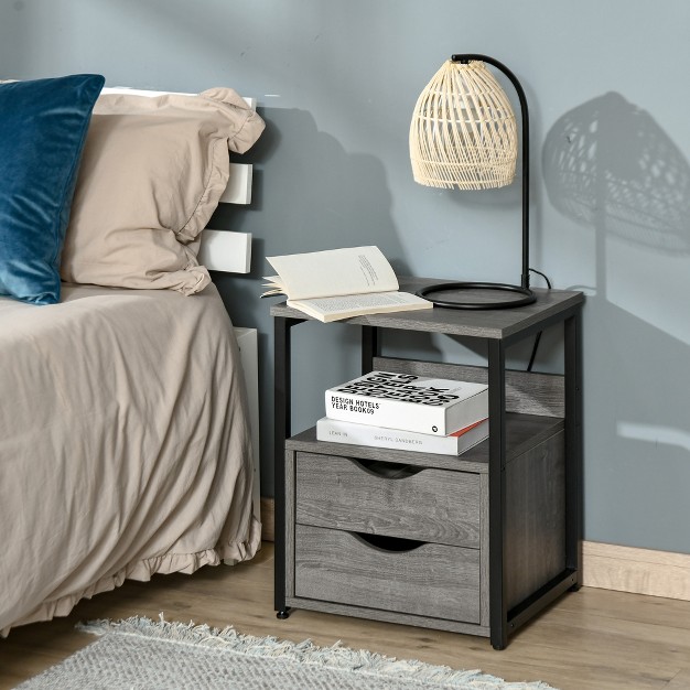 Homcom Industrial Side Table End Table With 2 Storage Drawers Accent Piece For Living Room Set Of 2 Gray