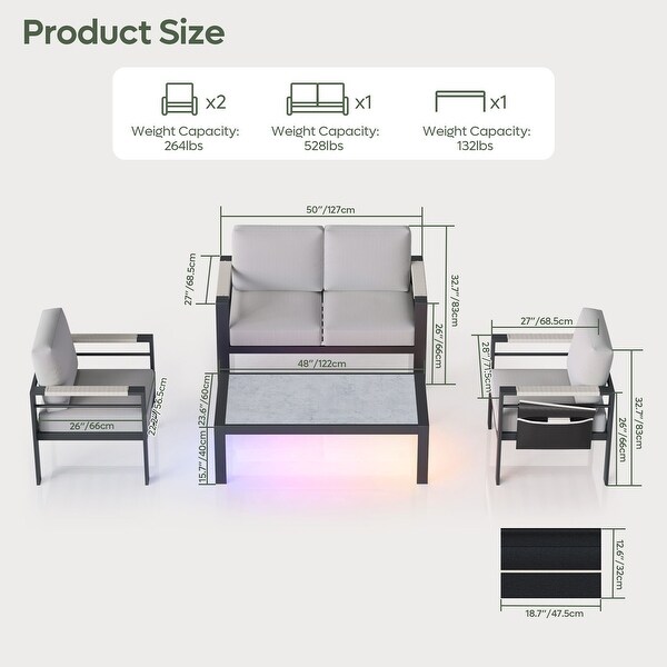 4Piece 4 Person Aluminum Patio Conversation Set with Cushions LED Coffee Table and Loveseat