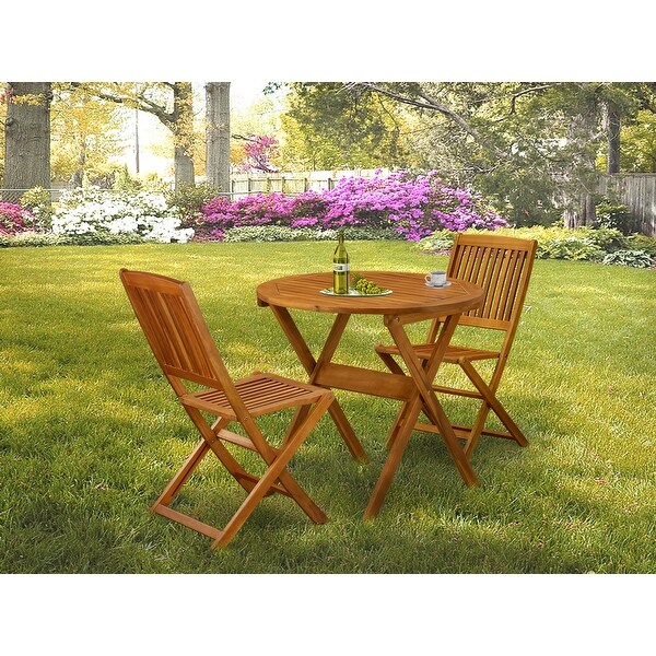 East West Furniture Folding Table Set Contains a Round Outdoor Wood Coffee Table and 2 Folding Side Chairs,Natural Oil