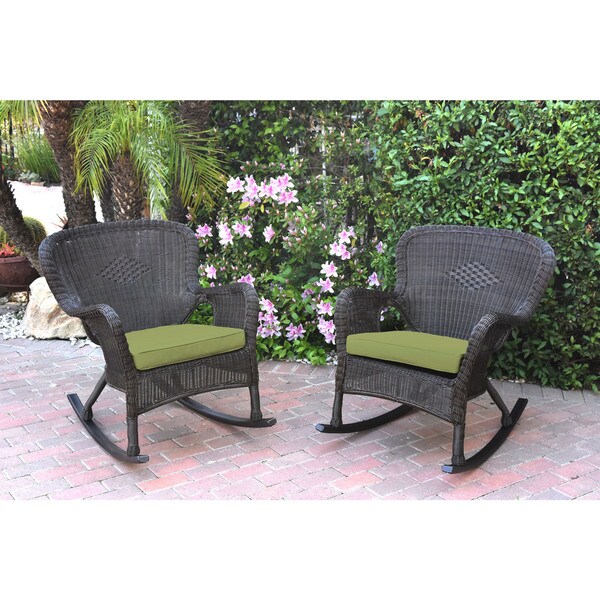Jeco Windsor Espresso Resin Wicker Rocker Chair with Cushions (Set of 2)