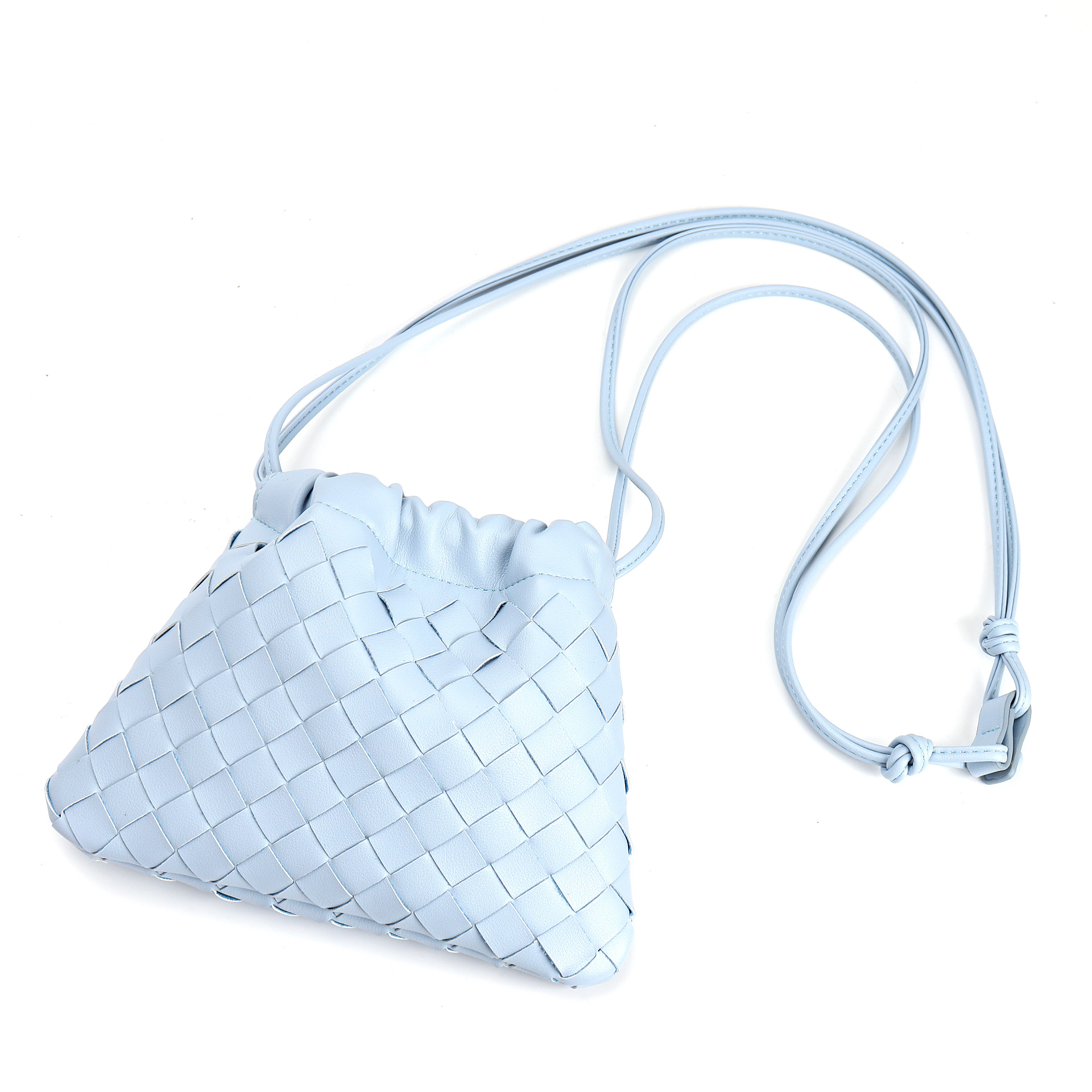 Sky Blue Woven Leather Drawstring Crossbody Pouch