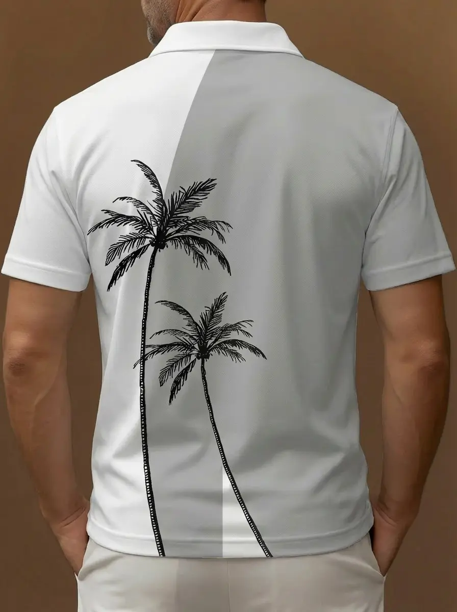 White Grey Black Palm Tree Silhouette Pattern Button Short Sleeve Golf Polo Shirt