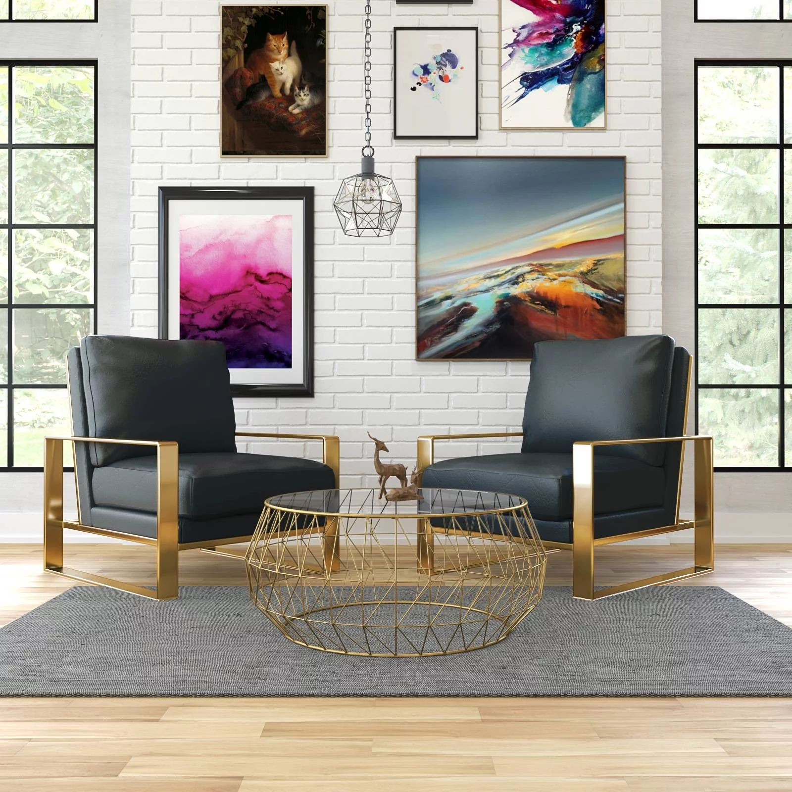 LeisureMod Jefferson Modern 3-Piece Living Room Set with 2 Leather Arm Chair and Round Coffee Table with Brushed Gold Frame (Black)