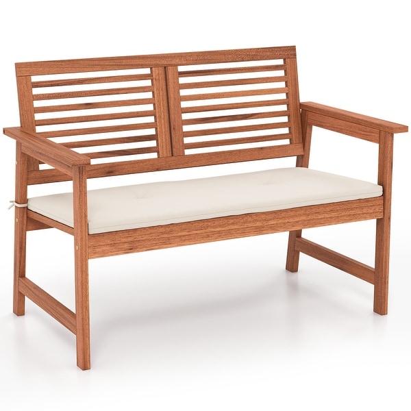 2Person Solid Wood Patio Bench with Backrest and Cushion
