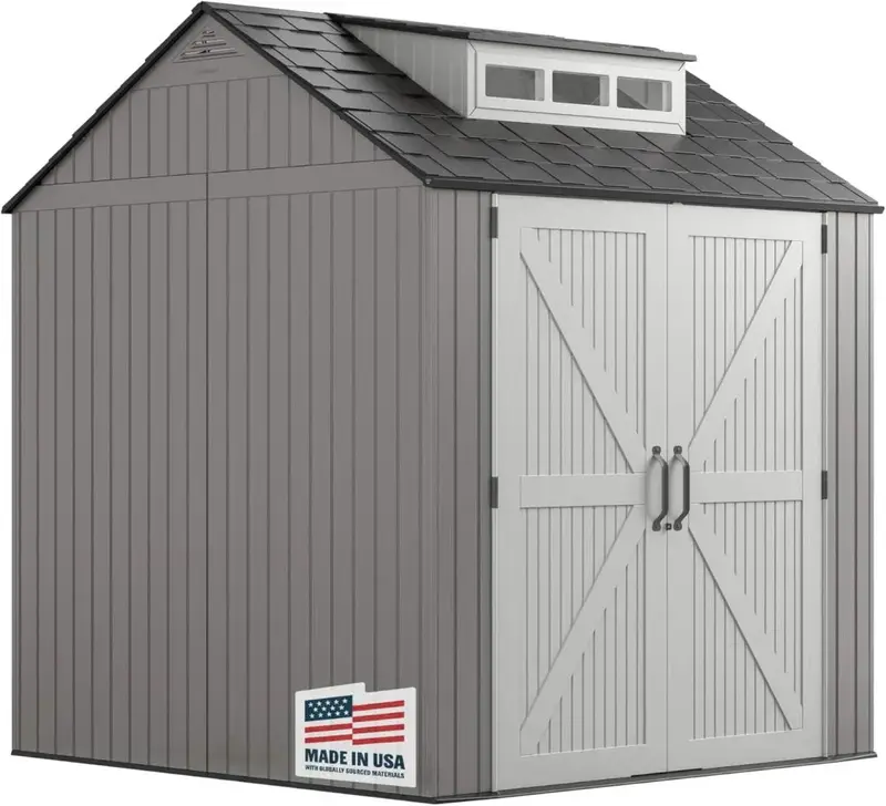 Rubbermaid 7′ x 7′ Resin Outdoor Storage Shed with Integrated Floor – Gray Weather-Resistant Unit for Garden Tools, Lawn Equipment & Pool Supplies