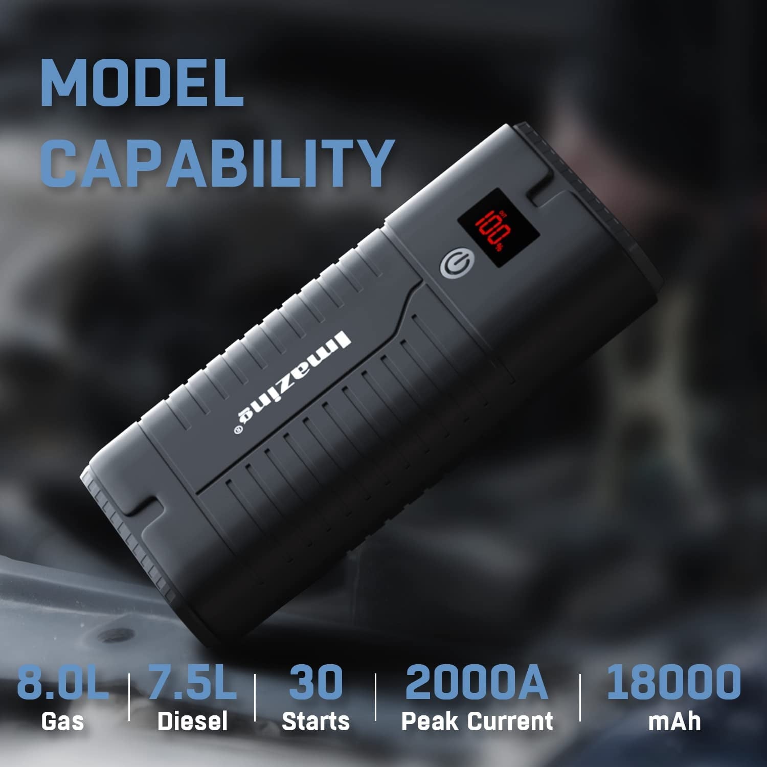 Imazing Portable Car Jump Starter 2000A Peak 18000mAH, 12V Auto Battery Booster Portable Power Pack with LCD Display Jumper Cables, QC 3.0 and LED Light