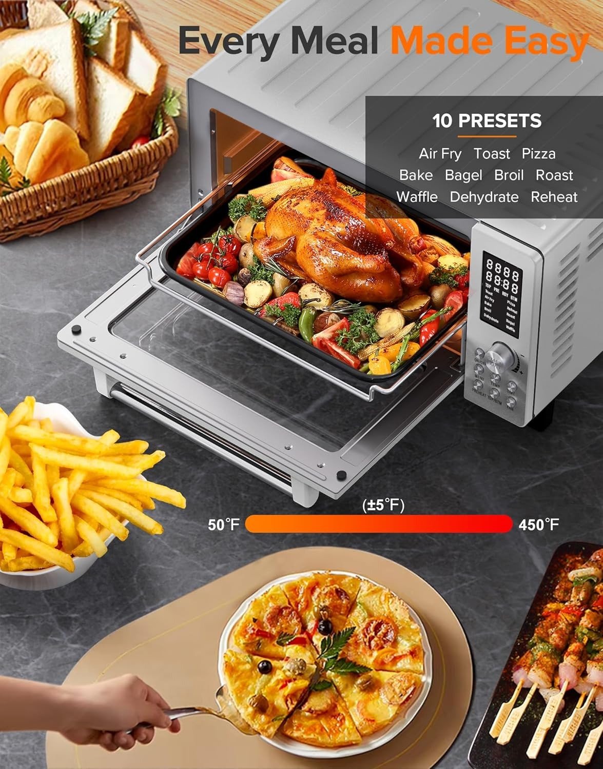 Smart 21QT Toaster Oven Air Fryer Combo, Convection Oven Countertop, 10 functions all in 1, with even & quick crisp technology, 50-450°F, 1800W, Stainless Steel