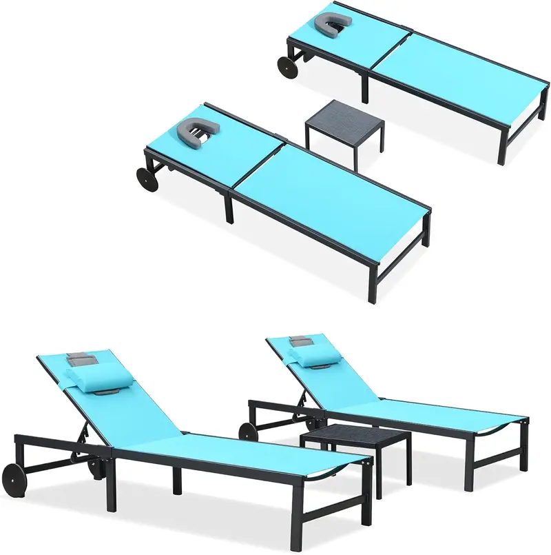 PURPLE LEAF Tanning Lounge Set – Adjustable Aluminum Reclining Chairs with Face-Down Hole, Wheels, Pillows & Matching Table