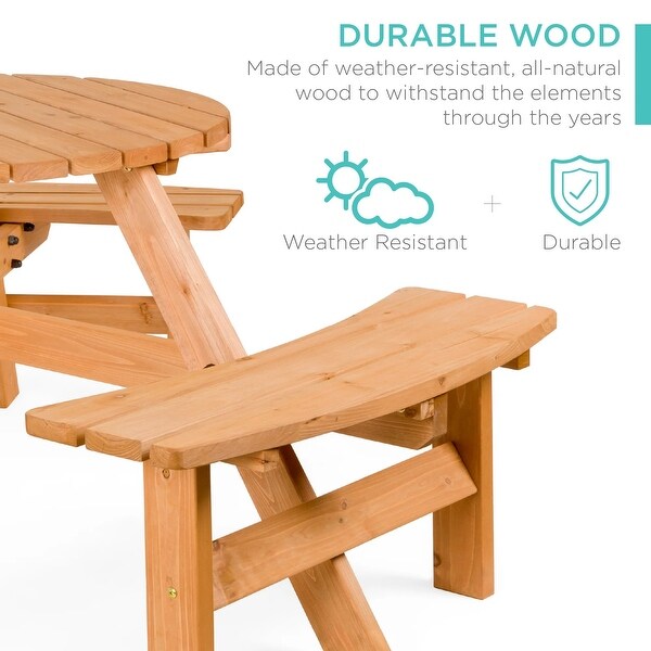 6Person Circular Wooden Picnic Table w/ Umbrella Hole,3 Benches