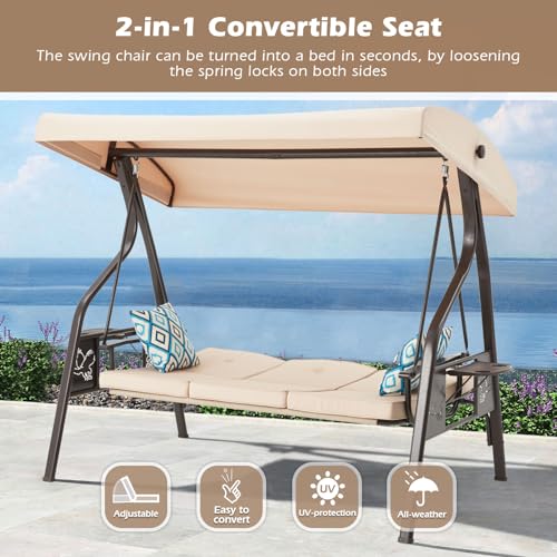 3-Seat Outdoor Porch Swing with Stand, Patio Swing with Canopy, 2 in 1 Porch Swing Bed & Patio Swing Chair for Adult w/Extra Pillows and Cup Holder for Yard (Wine Red)