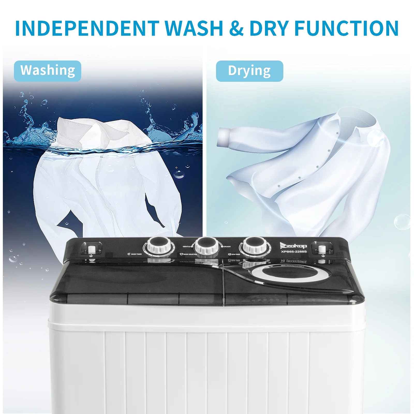 Twin Tub with Built-in Drain Pump XPB65-2288S 26Lbs Semi-automatic Twin Tube Washing Machine for Apartment, Dorms, RVs, Camping and More, White&Black US Standard