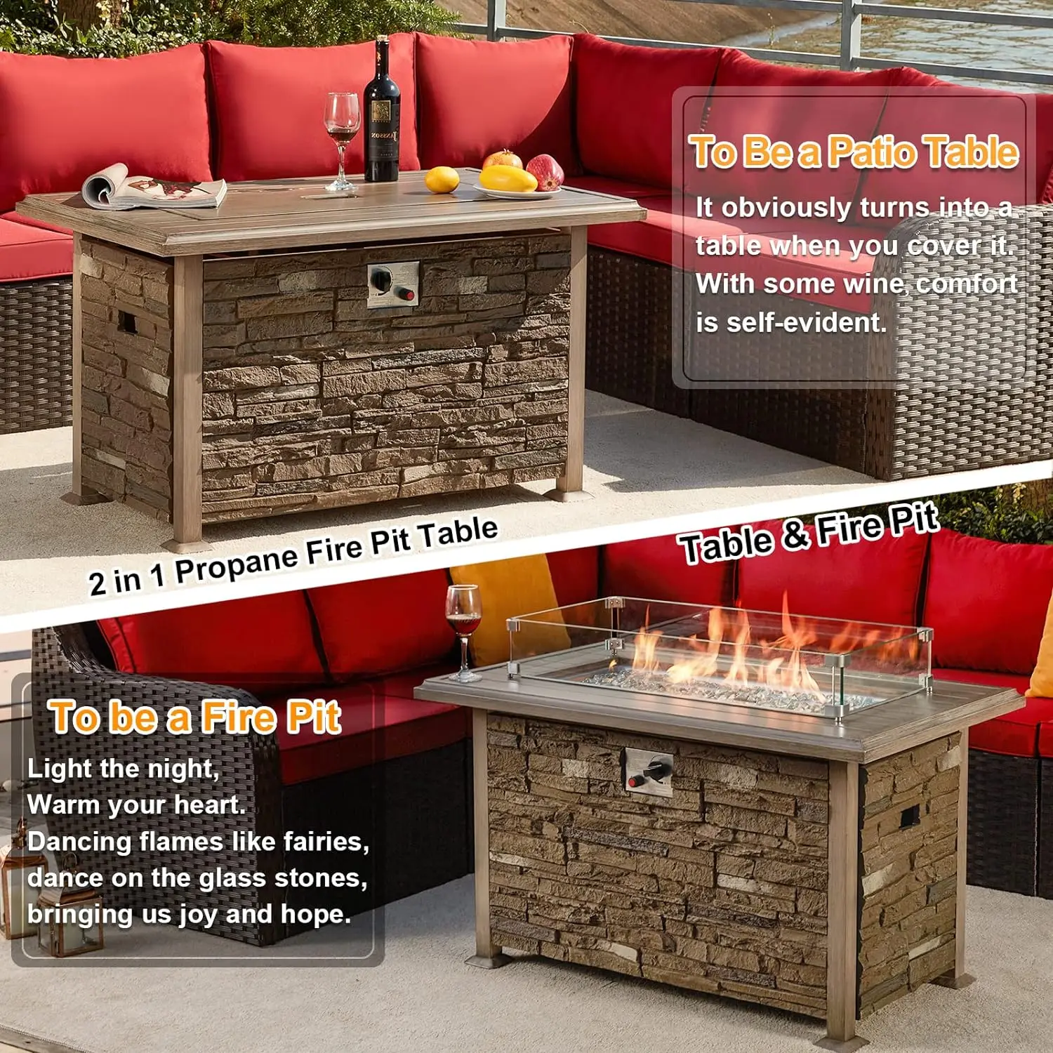 44 Inch Aluminum Propane Fire Pit Table w/Faux Ledgestone, Hand-Painted Table Top, 50,000BTU Fire Table w/CSA Certification,Wind