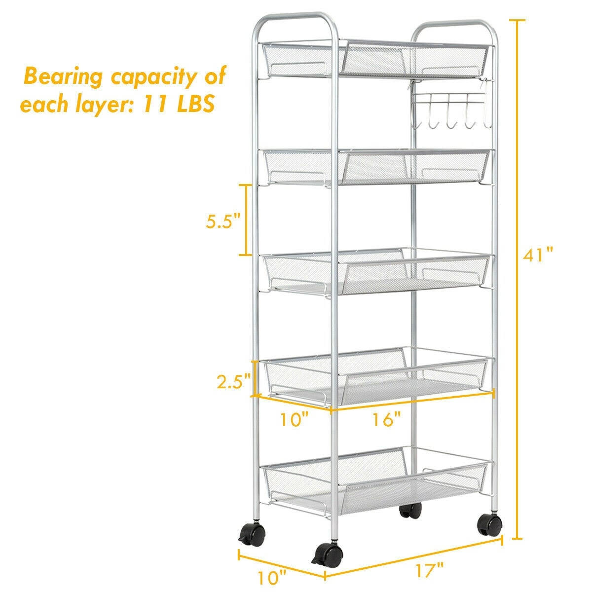 Costway 5 Tier Mesh Rolling File Utility Cart Storage Basket Home - Grey - Kitchen Cart