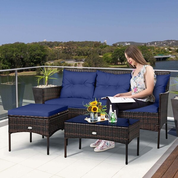 Costway 3PCS Patio Rattan Furniture Set 3Seat Sofa Cushioned Table