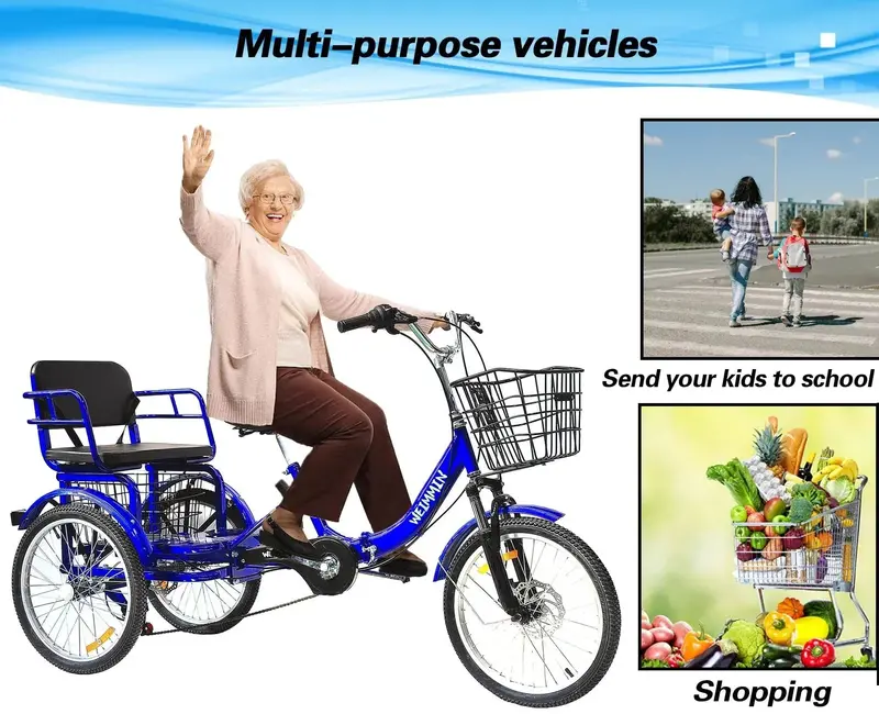 Star Strip Blue Folding Adult Tricycle – 20-Inch 7-Speed 3-Wheeler with Stable Frame and Compact Fold Design