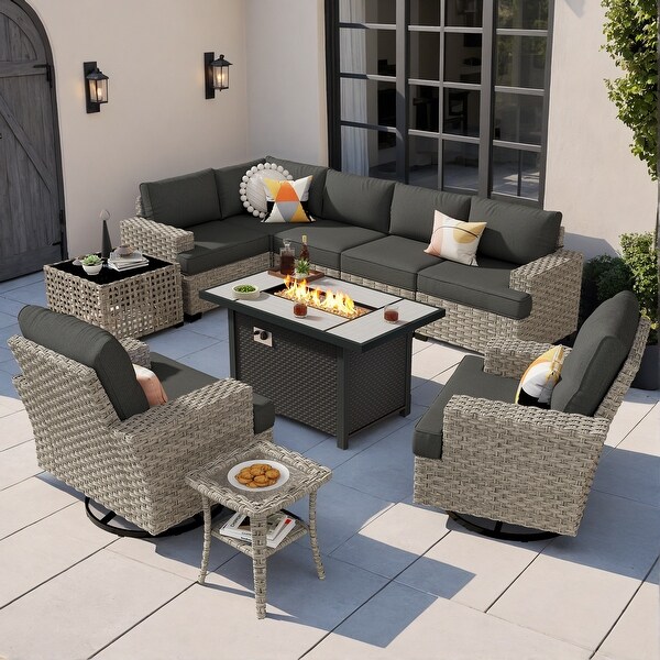 OVIOS 10 Pieces T shaped Seat Wide Armrest Swivel Chair Set With SolarPowered TableandFire Pit