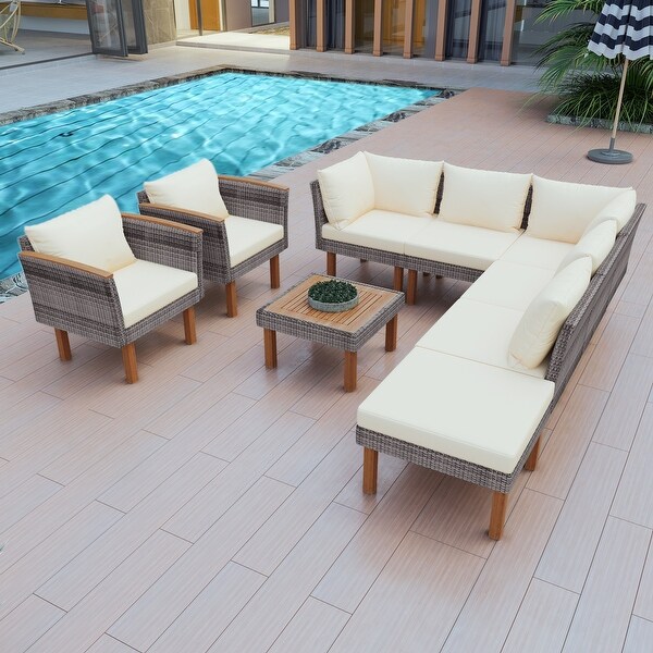 9 Piece Patio Rattan Furniture Set,Outdoor Conversation Set,Sectional Sofa Set with Coffee Table,Dining Set for Yard