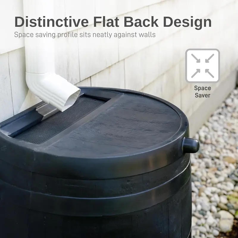 RTS Eco Rain Barrel – 50-Gallon Flat-Back Water Collection System Made from 100% Recycled Plastic (Black)