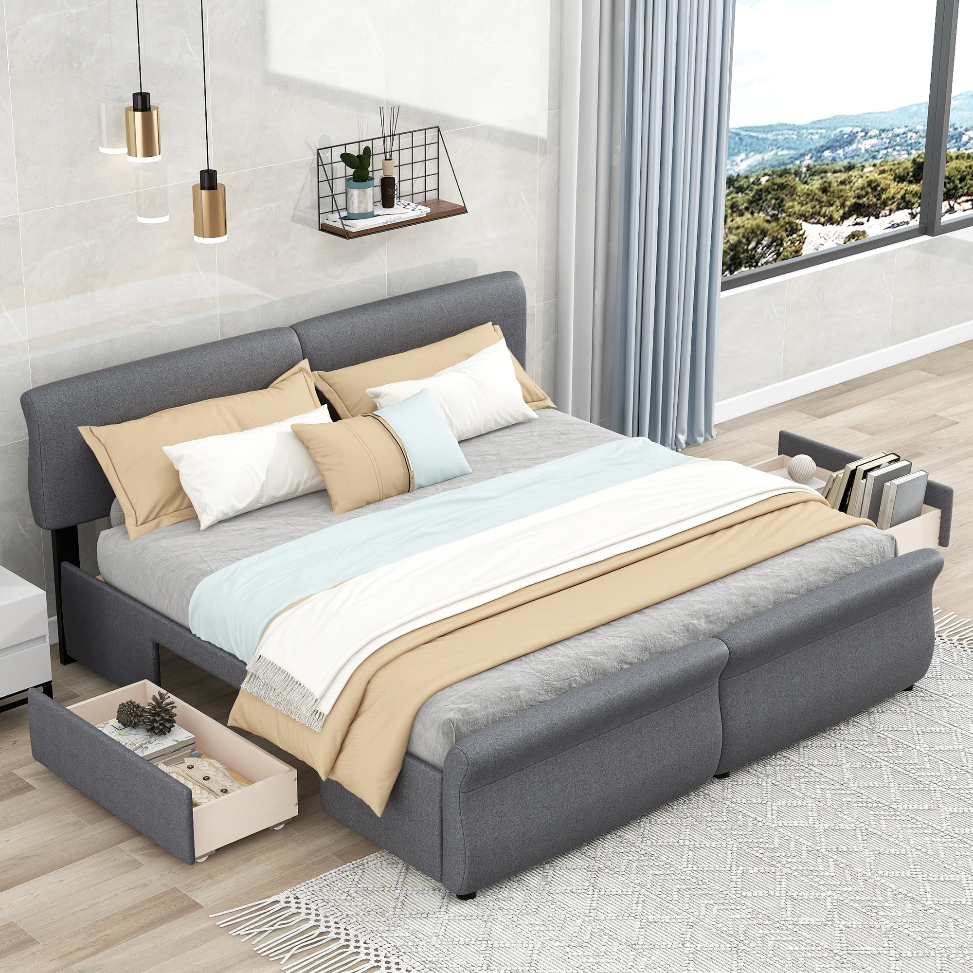 mountright King Size Linen Upholstered Platform Bed with Headboard and 2 Drawers, Platform Bed Frame with Wood Slat Support, No Box Spring Required, Gray
