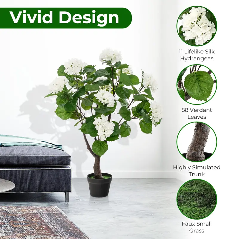 Set of 2 Artificial Hydrangea Trees – Lifelike 11-Bloom Arrangements in Plastic Nursery Pots