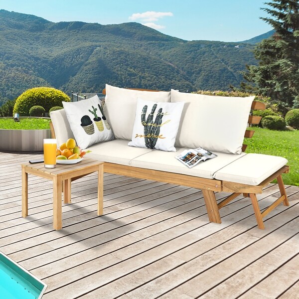Gymax Adjustable Patio Sofa Daybed Acacia Wood Furniture w/ White