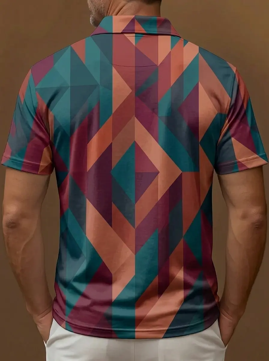 Teal Maroon Coral Geometric Chevron Print Short Sleeve Golf Polo Shirt