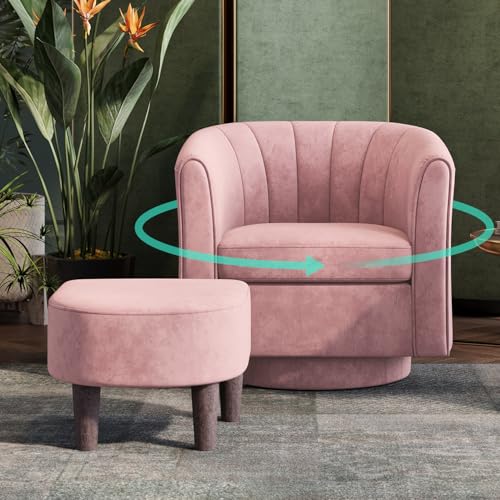 LINSY Swivel Accent Chair Ottoman Set: Velvet Small Barrel Chair with Foot Rest, Modern Reading Chair Upholstered Armchair with Footrest for Living Room Bedroom Study Room Office (Yellow)