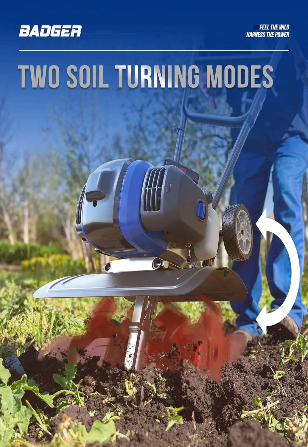 Garden Tiller 53cc Mini Cultivator 15 inch Powerful Liftable Booster Rod Tilling Tool for Lawn, Garden and Field Soil Cultivation