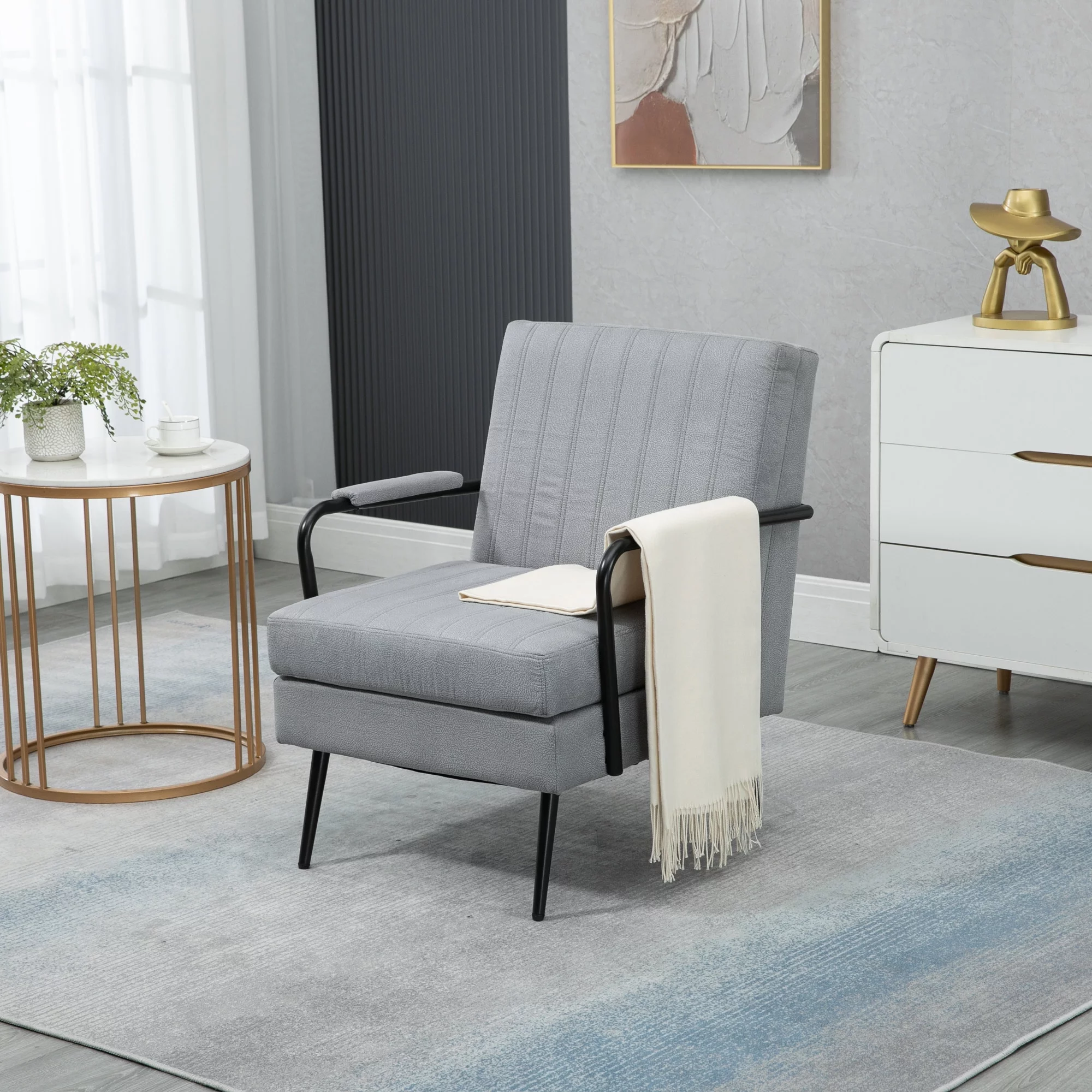 Mid-Century Modern Accent Chair Armchair, Lounge Chair Reading Chair with Metal Leg for Living Room Bedroom Office, Grey