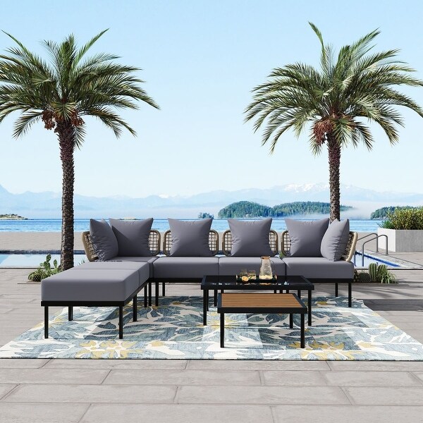 8Piece Patio Sectional Sofa Set with Tempered Glass Coffee Table and Wooden Coffee Table