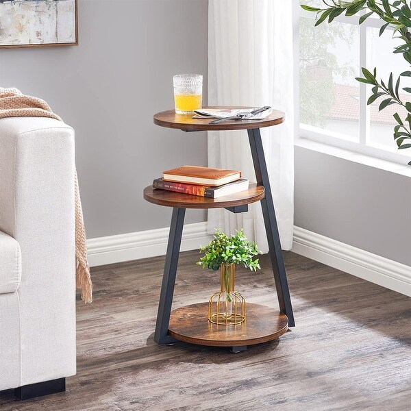 Round End Table Side Table with Metal Frame,Rustic Brown