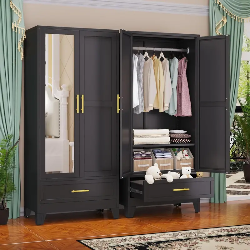 Steel Frame Armoire – 71-Inch Industrial-Style Metal Wardrobe Closet