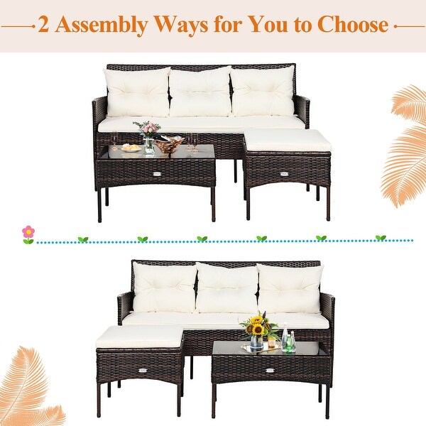Costway 3PCS Patio Rattan Furniture Set 3Seat Sofa Cushioned Table