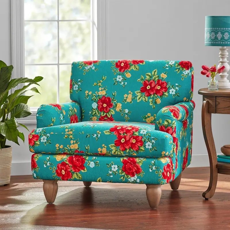 The Pioneer Woman Vintage Floral Accent Chair — Teal Fabric, Low-Back Upholstered Seat