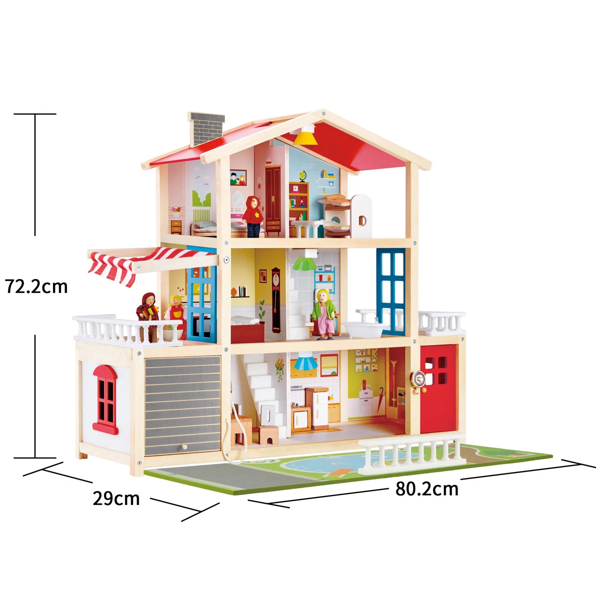 Hape Family Mansion Kid's Wood Dollhouse with LED Lights, Product Height 28.43 in