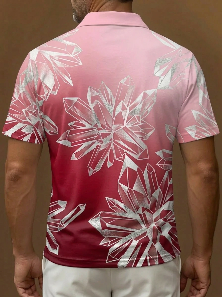 Pink to Red Gradient Silver Crystal Print Short Sleeve Golf Polo Shirt
