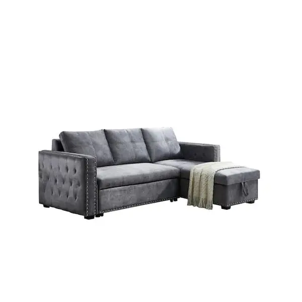 Reversible Gray Velvet Sleeper Sectional Sofa – L-Shaped 3-Seat Couch with Hidden Storage Compartment (90.5″ Length)
