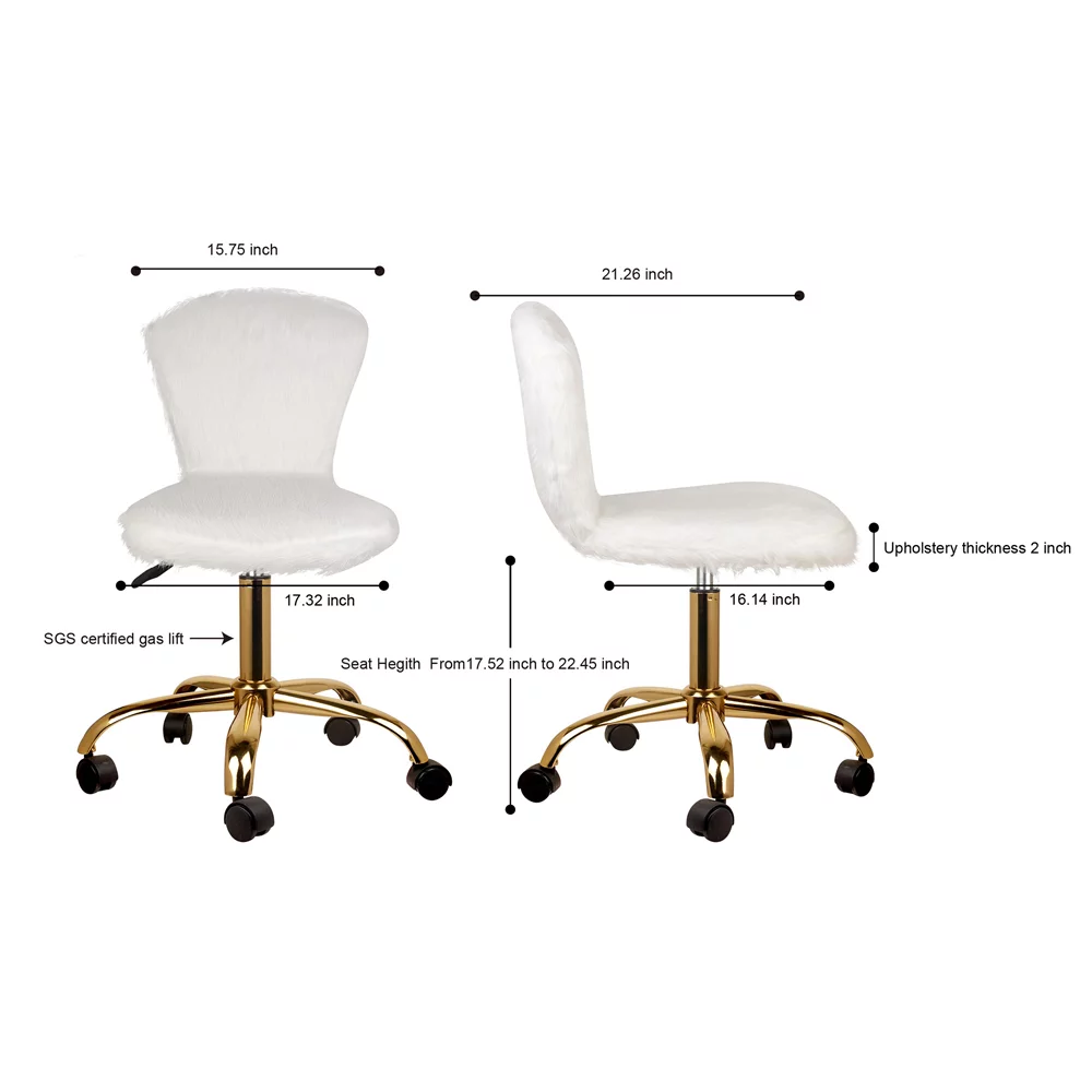 LEEJAY Fuzzy Desk Chairs Set of 2, White Gold Vanity Chair for Kids ,Armless Swivel Furry Chair for Adult